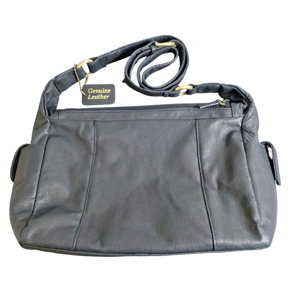 Genuine Soft Leather Black Crossbody Bag Triple Zip Multi Pocket Organizer Purse
